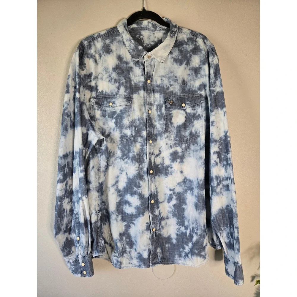 True Religion Tie Dye Western Shirt Indigo‎ Bleached Snap Button Denim